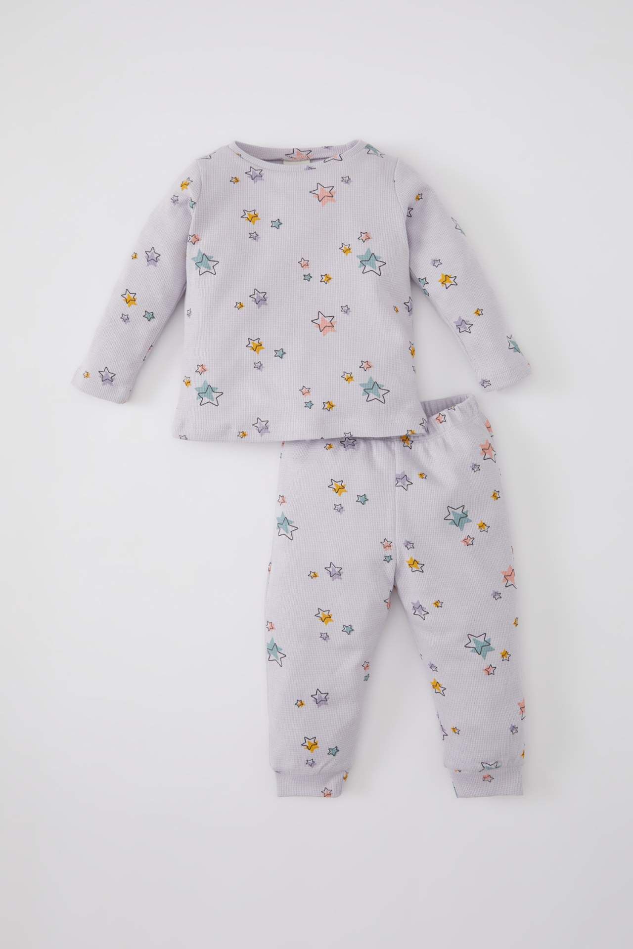 Kız Bebek Pijama Takımı Waffle Yıldız Desenli Uzun Kollu Üst Beli Lastikli Uzun Alt