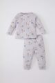 Kız Bebek Pijama Takımı Waffle Yıldız Desenli Uzun Kollu Üst Beli Lastikli Uzun Alt