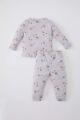 Kız Bebek Pijama Takımı Waffle Yıldız Desenli Uzun Kollu Üst Beli Lastikli Uzun Alt