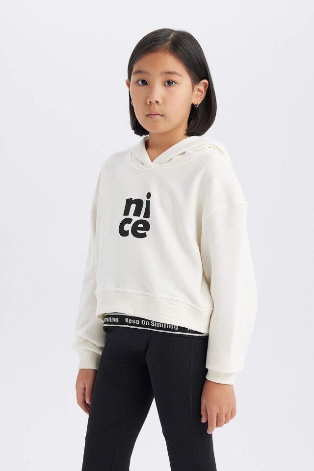 Kız Çocuk Relax Fit Kapüşonlu Baskılı Sweatshirt