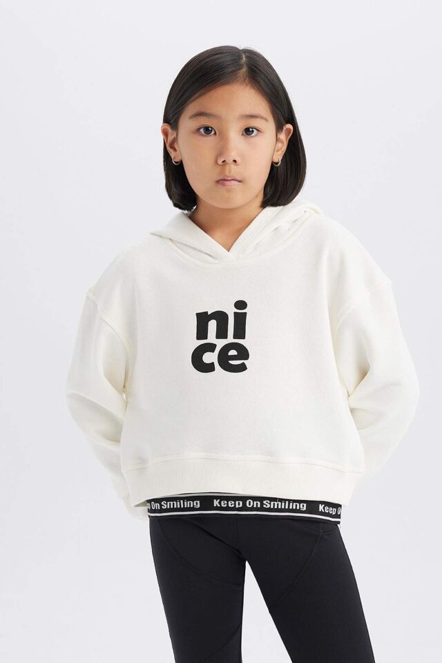 Kız Çocuk Relax Fit Kapüşonlu Baskılı Sweatshirt