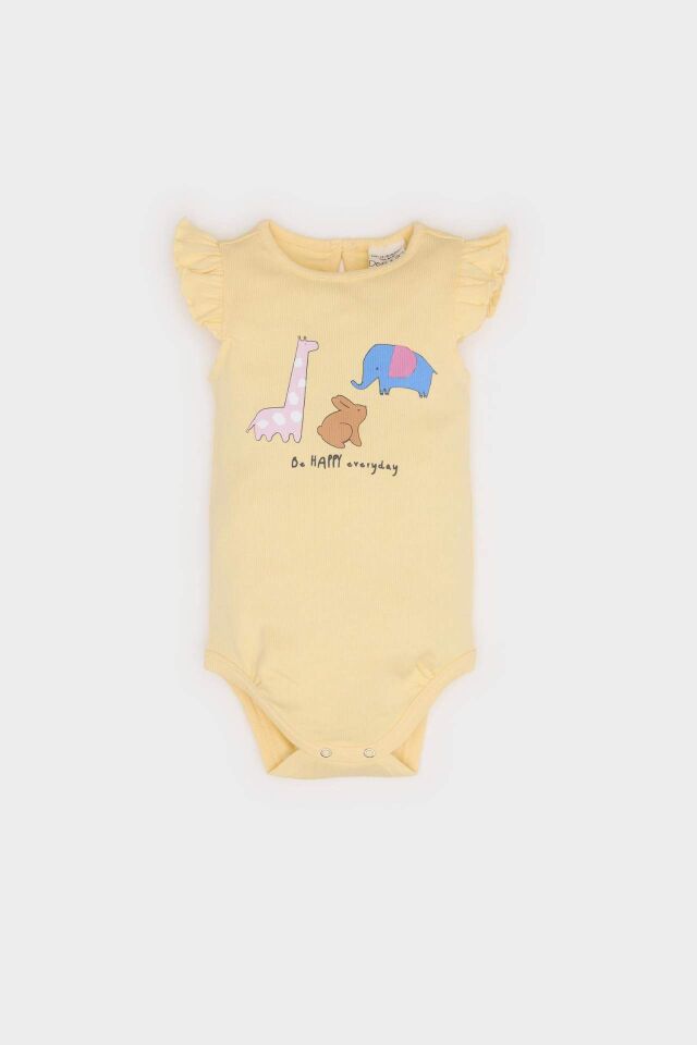 Kız Bebek Yenidoğan Bisiklet Yaka Hayvan Desenli Fitilli Kaşkorse Kısa Kollu Çıtçıtlı Body