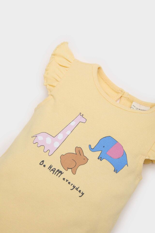 Kız Bebek Yenidoğan Bisiklet Yaka Hayvan Desenli Fitilli Kaşkorse Kısa Kollu Çıtçıtlı Body