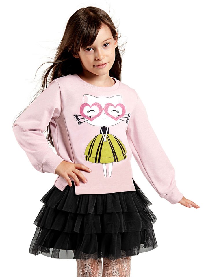 Kalp Gözlük Kız Çocuk Tüllü Sweatshirt Etek Takım