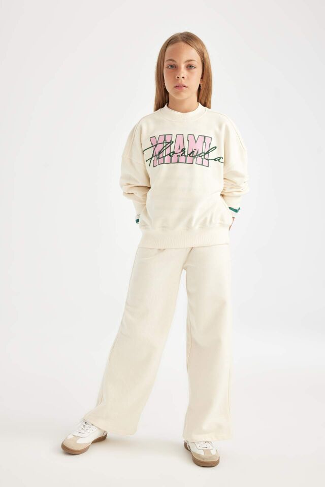 Kız Çocuk 2'li Takım Bisiklet Yaka Baskılı Sweatshirt Geniş Bol Paça Eşofman Altı