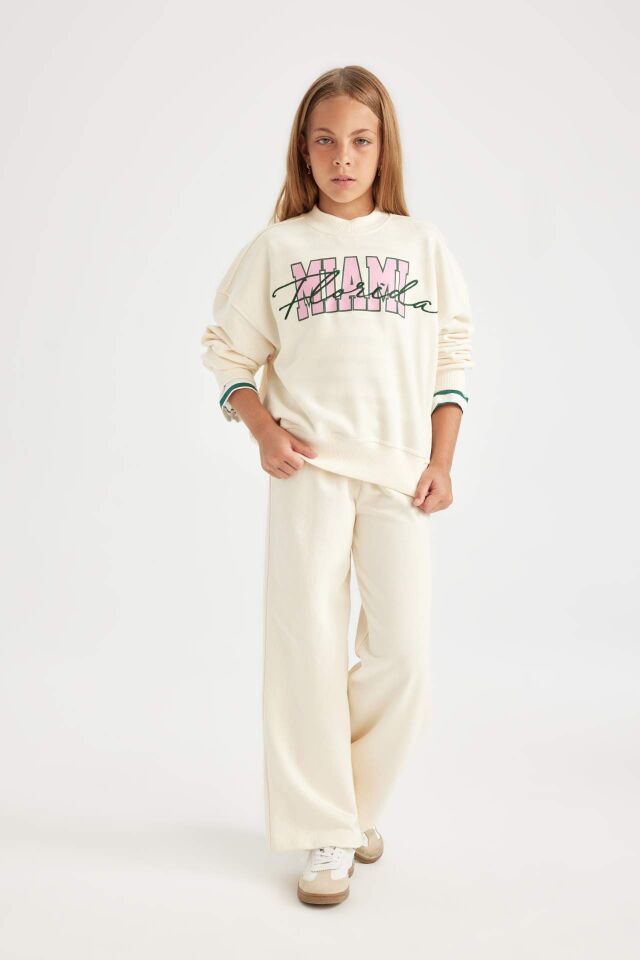 Kız Çocuk 2'li Takım Bisiklet Yaka Baskılı Sweatshirt Geniş Bol Paça Eşofman Altı