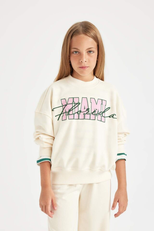 Kız Çocuk 2'li Takım Bisiklet Yaka Baskılı Sweatshirt Geniş Bol Paça Eşofman Altı