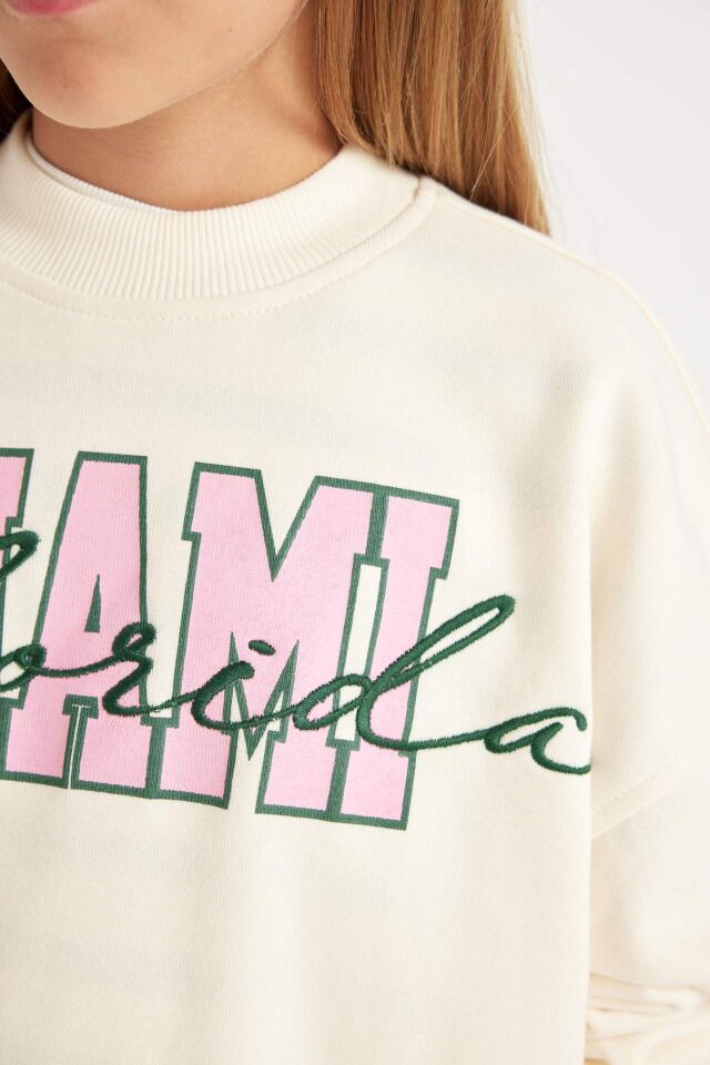 Kız Çocuk 2'li Takım Bisiklet Yaka Baskılı Sweatshirt Geniş Bol Paça Eşofman Altı