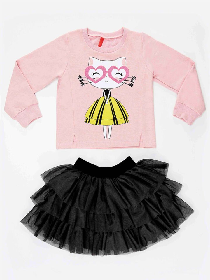 Kalp Gözlük Kız Çocuk Tüllü Sweatshirt Etek Takım 5 Y - Pembe Gri Tüllü