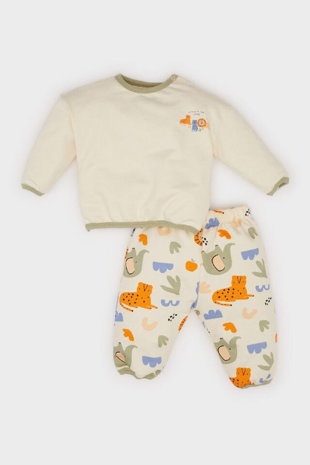 Erkek Bebek 2'li Takım Safari Baskılı Uzun Kollu Sweatshirt Beli Lastikli Eşofman Altı