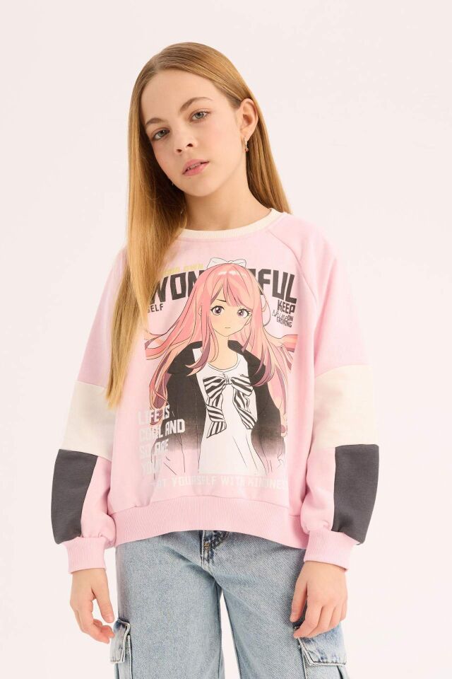 Kız Çocuk Relax Fit Bisiklet Yaka Baskılı Sweatshirt