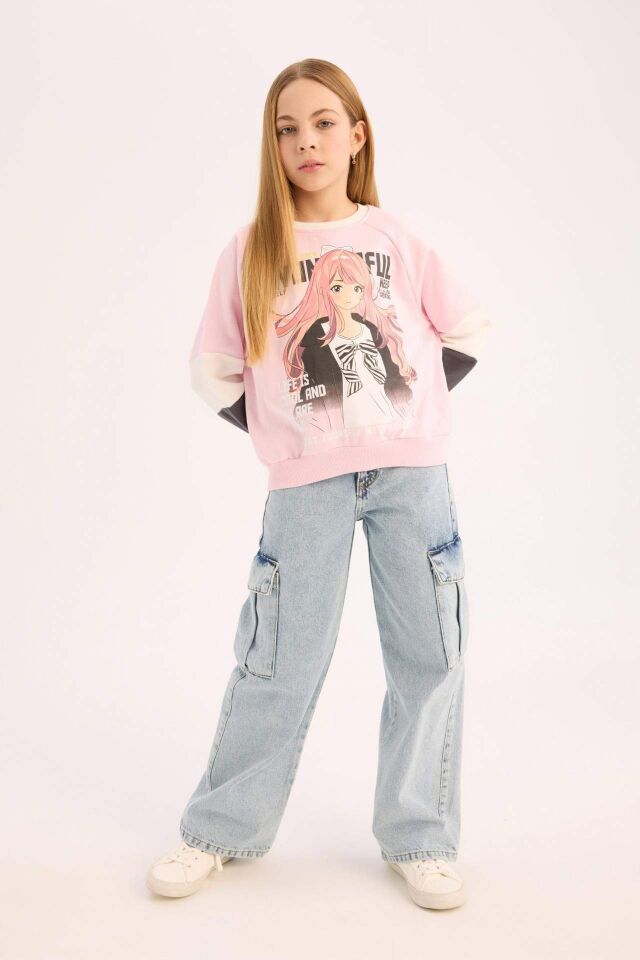 Kız Çocuk Relax Fit Bisiklet Yaka Baskılı Sweatshirt