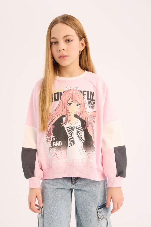 Kız Çocuk Relax Fit Bisiklet Yaka Baskılı Sweatshirt