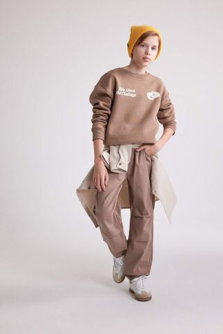 Erkek Çocuk Oversize Geniş Kalıp Bisiklet Yaka Baskılı Sweatshirt