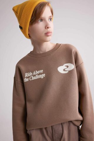 Erkek Çocuk Oversize Geniş Kalıp Bisiklet Yaka Baskılı Sweatshirt