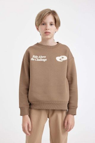 Erkek Çocuk Oversize Geniş Kalıp Bisiklet Yaka Baskılı Sweatshirt