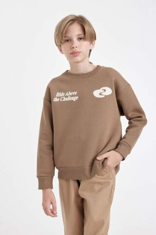 Erkek Çocuk Oversize Geniş Kalıp Bisiklet Yaka Baskılı Sweatshirt