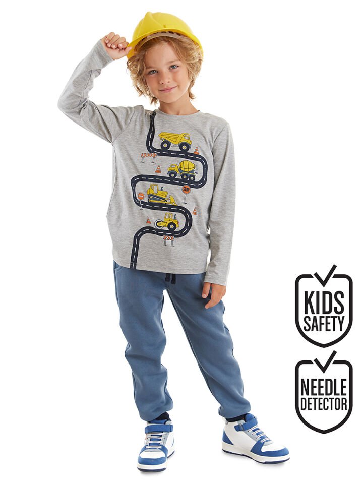İş Makineleri Erkek Çocuk T-shirt Pantolon Takım 7 Y - Gri, Mavi