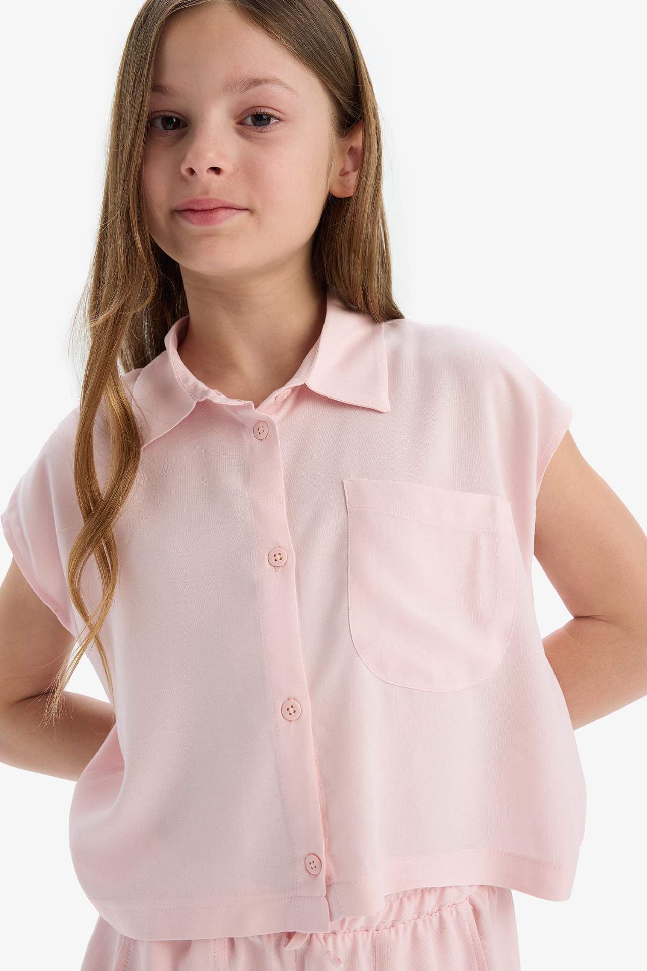 Kız Çocuk Cropped Fit Pamuklu Kısa Kollu Gömlek