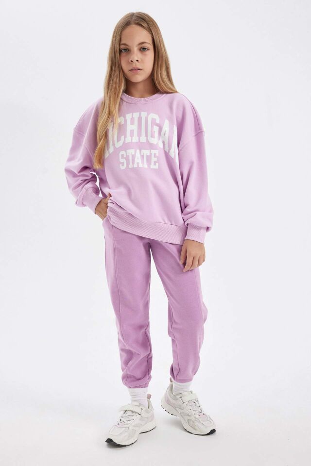 Kız Çocuk Relax Fit Bisiklet Yaka Baskılı Sweatshirt