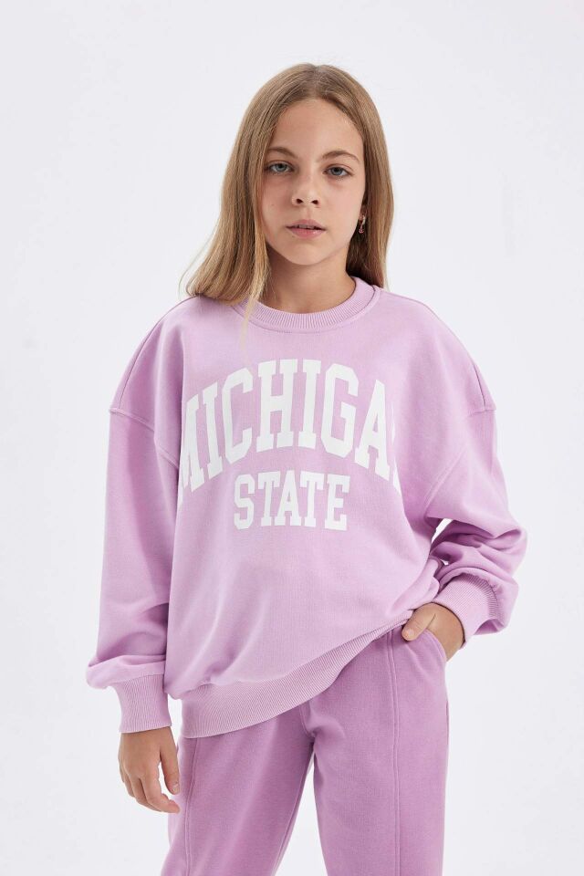 Kız Çocuk Relax Fit Bisiklet Yaka Baskılı Sweatshirt