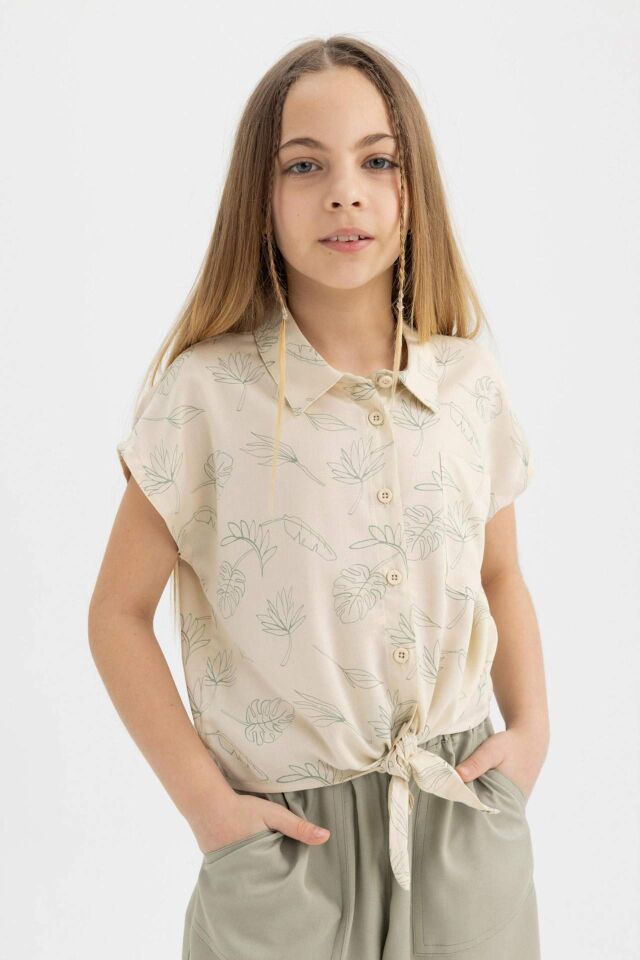 Kız Çocuk Crop Desenli Kısa Kollu Gömlek