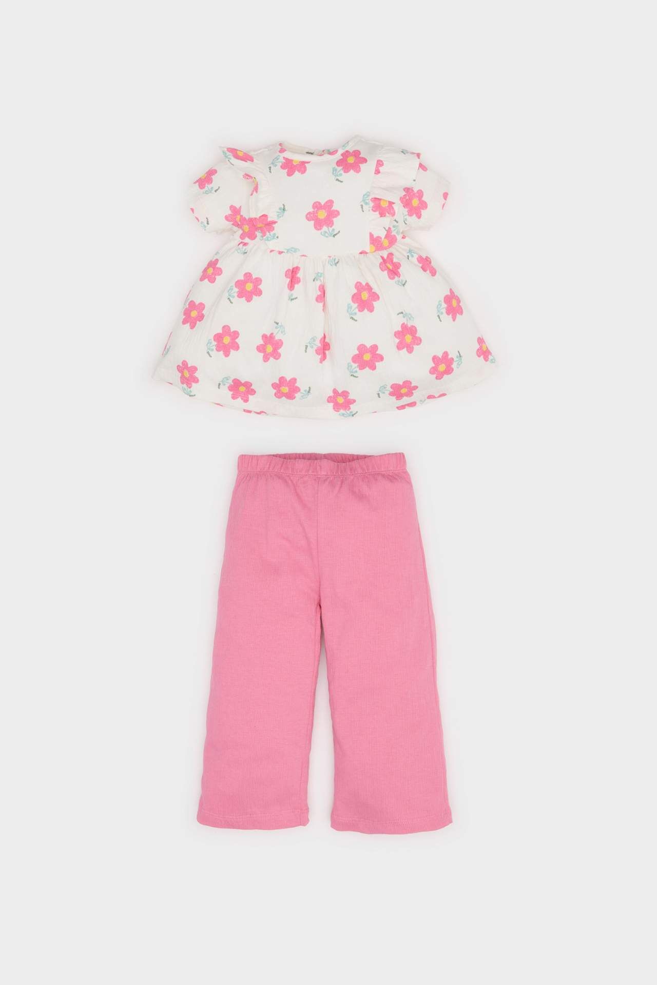Kız Bebek 2'li Takım Çiçekli Kısa Kollu Bluz Beli Lastikli Pantolon