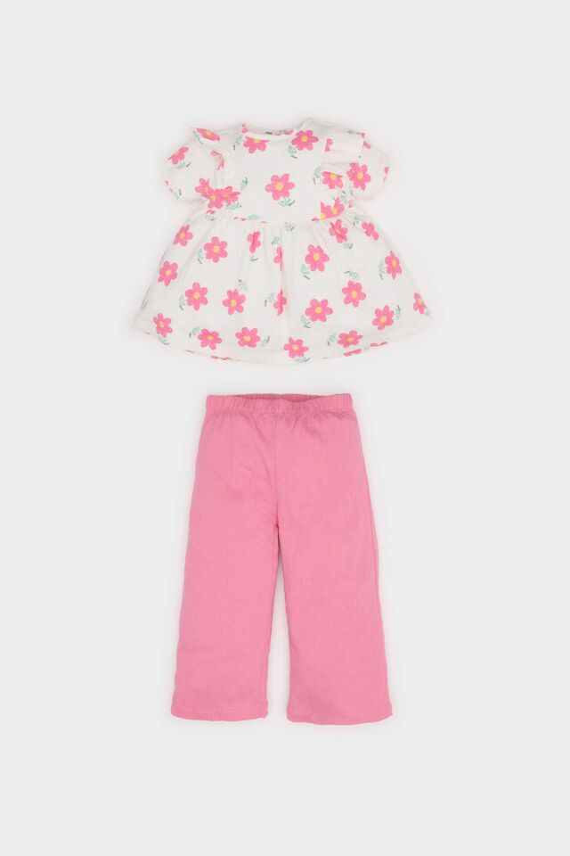Kız Bebek 2'li Takım Çiçekli Kısa Kollu Bluz Beli Lastikli Pantolon