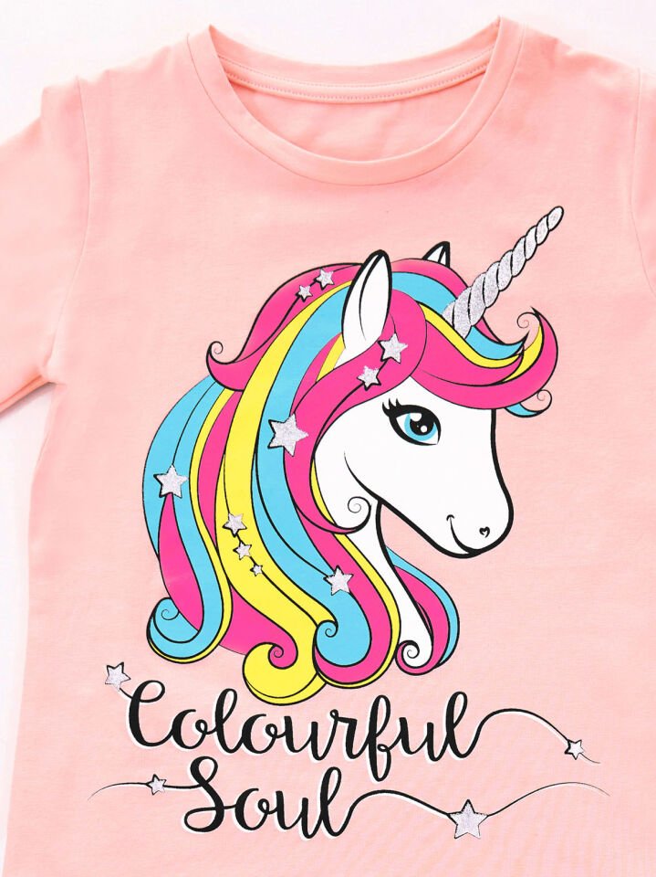 Renkli Unicorn Kız Çocuk T-shirt Pantolon Takım 4 Y - Somon