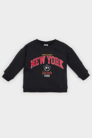 Erkek Bebek Bisiklet Yaka Baskılı İçi Yumuşak Tüylü Sweatshirt
