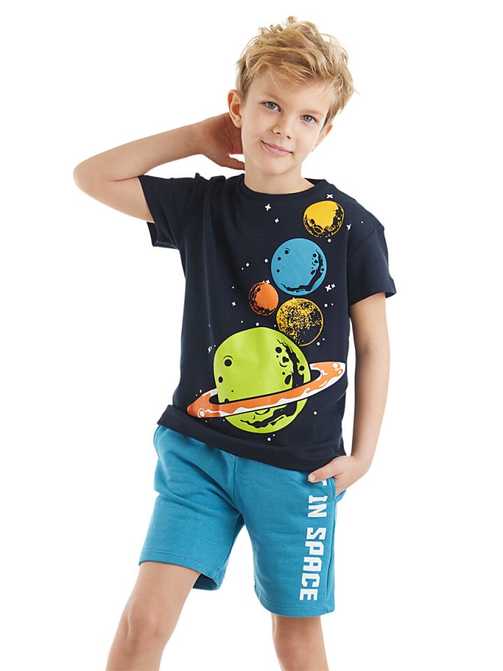 Gezegenler Erkek Çocuk T-shirt Şort Takım 4 Y - Mavi, Siyah