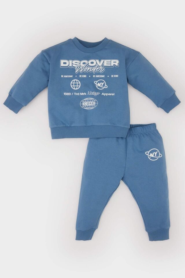 Erkek Bebek 2'li Takım Baskılı Sweatshirt Beli Lastikli Eşofman Altı