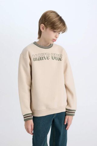 Erkek Çocuk Bisiklet Yaka Baskılı Kalın Sweatshirt
