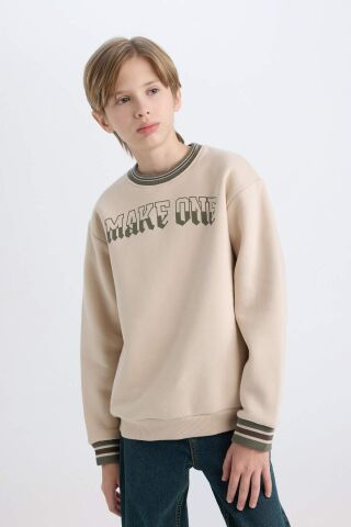 Erkek Çocuk Bisiklet Yaka Baskılı Kalın Sweatshirt