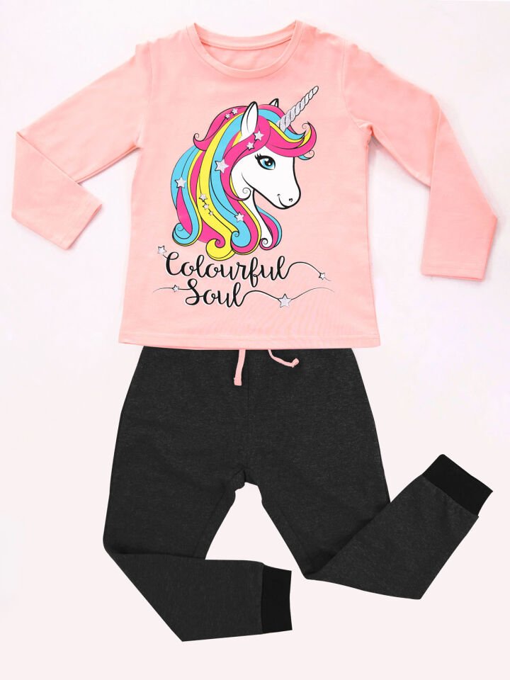 Renkli Unicorn Kız Çocuk T-shirt Pantolon Takım 8 Y - Somon