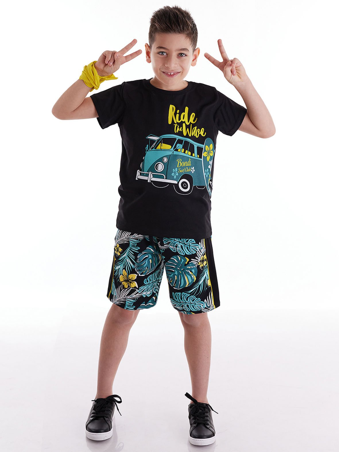 Vosvos Hawai Erkek Çocuk T-shirt Şort Takım 4 Y - Siyah