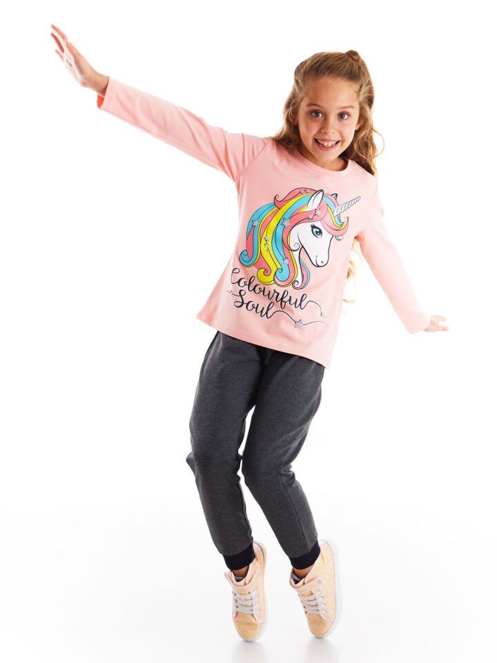 Renkli Unicorn Kız Çocuk T-shirt Pantolon Takım 9 Y - Somon