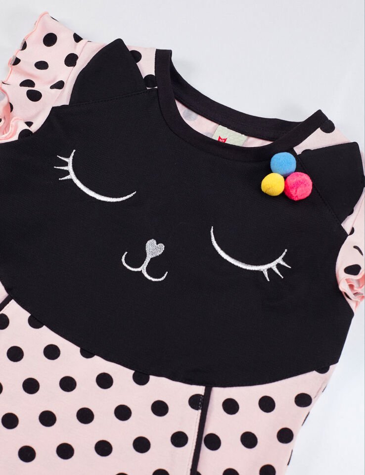 Ponpon Puanlı Kedi Kız Çocuk Elbise 3 Y - Pembe
