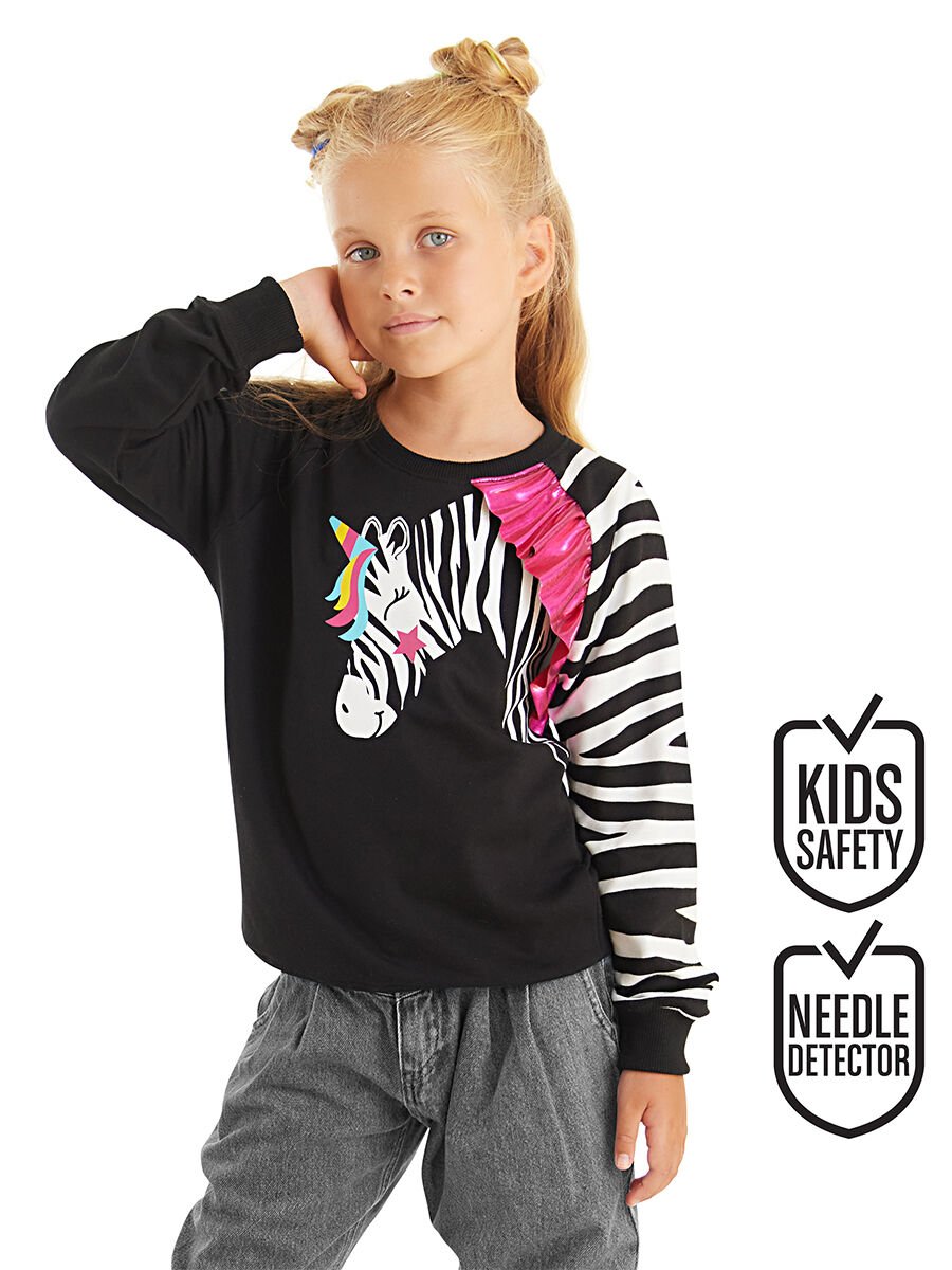 Fırfırlı Zebra Kız Çocuk Siyah Sweatshirt
