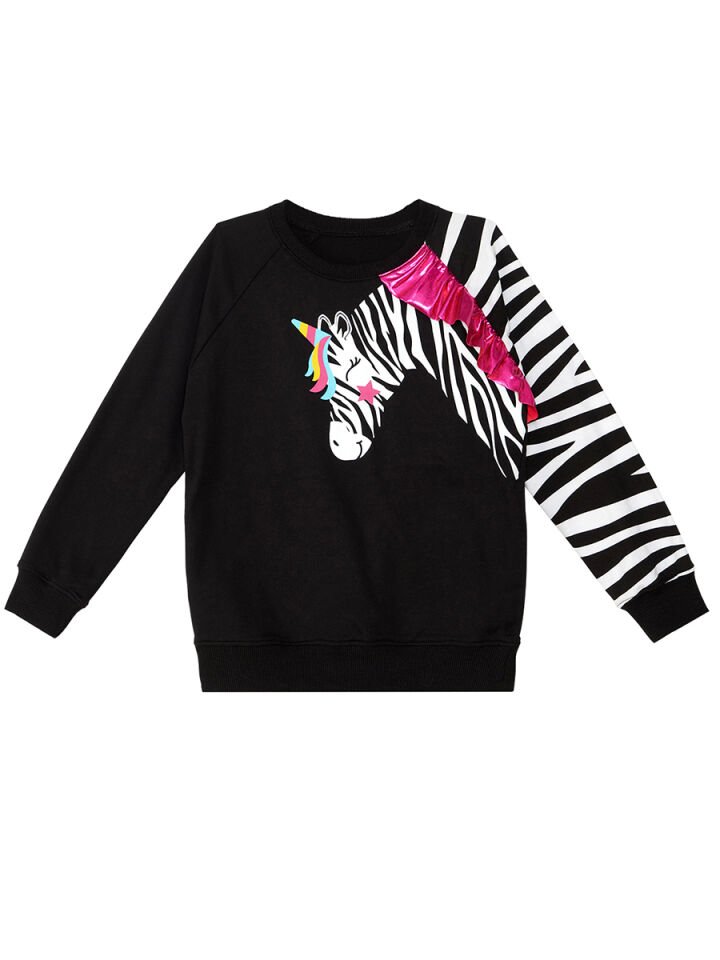 Fırfırlı Zebra Kız Çocuk Siyah Sweatshirt