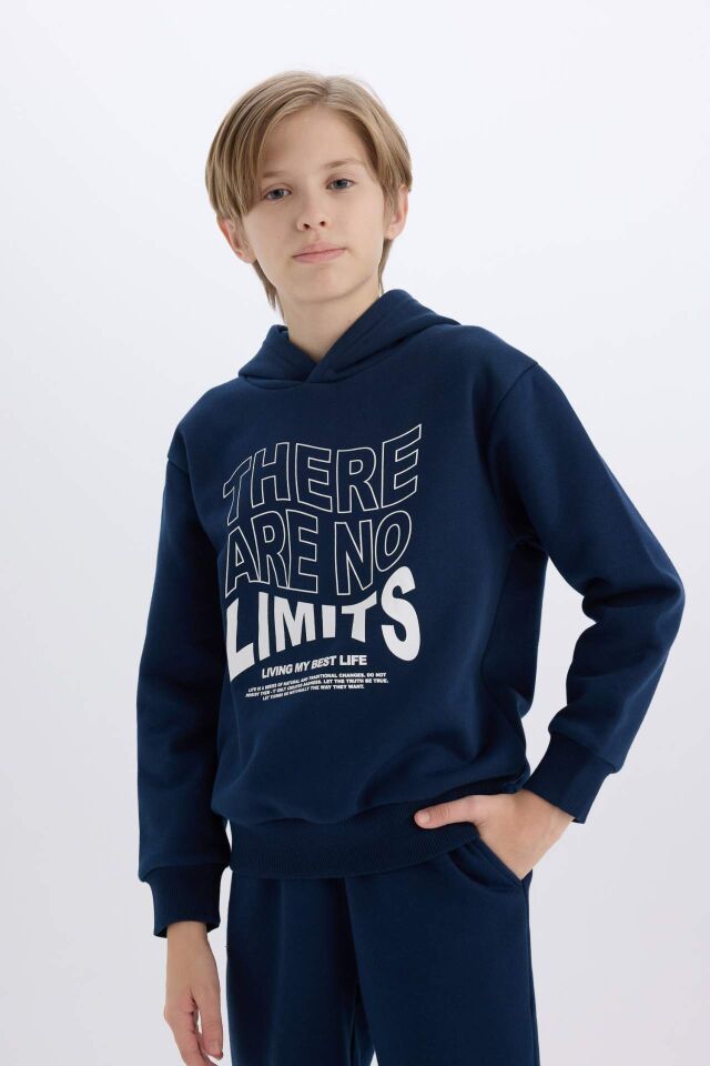 Erkek Çocuk 2'li Takım Kapüşonlu Baskılı Sweatshirt Beli Lastikli Eşofman Altı