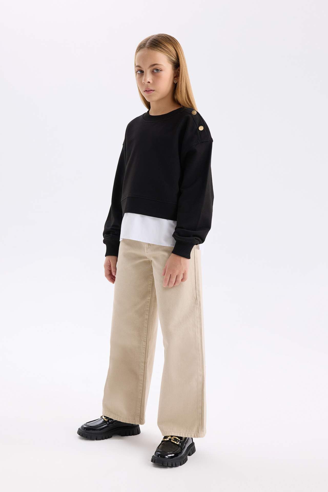 Kız Çocuk Wide Leg Geniş Bol Paça Pamuklu Cepli Bej Pantolon
