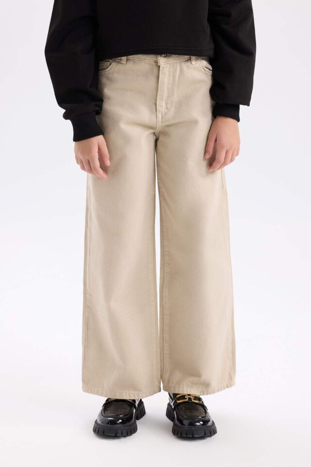 Kız Çocuk Wide Leg Geniş Bol Paça Pamuklu Cepli Bej Pantolon