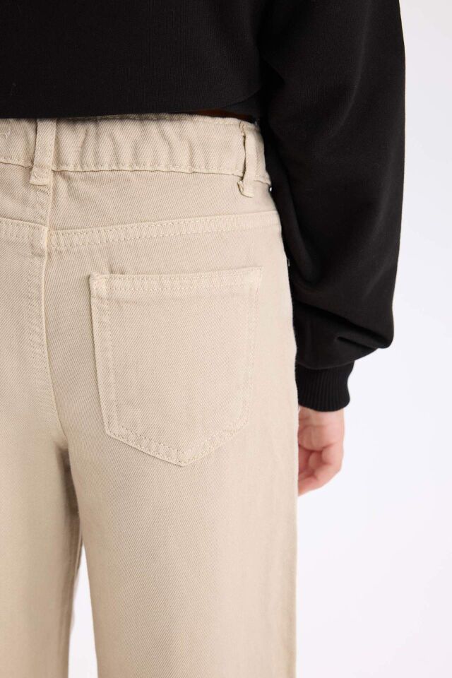 Kız Çocuk Wide Leg Geniş Bol Paça Pamuklu Cepli Bej Pantolon