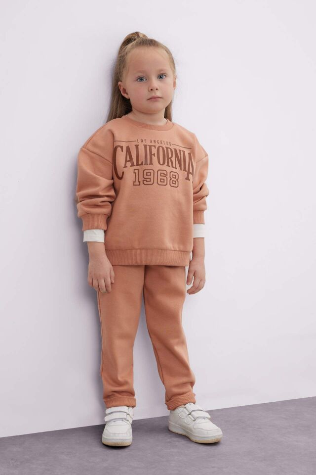 Kız Bebek 2'li Takım Baskılı Bisiklet Yaka Sweatshirt Üst Beli Lastikli Eşofman Altı