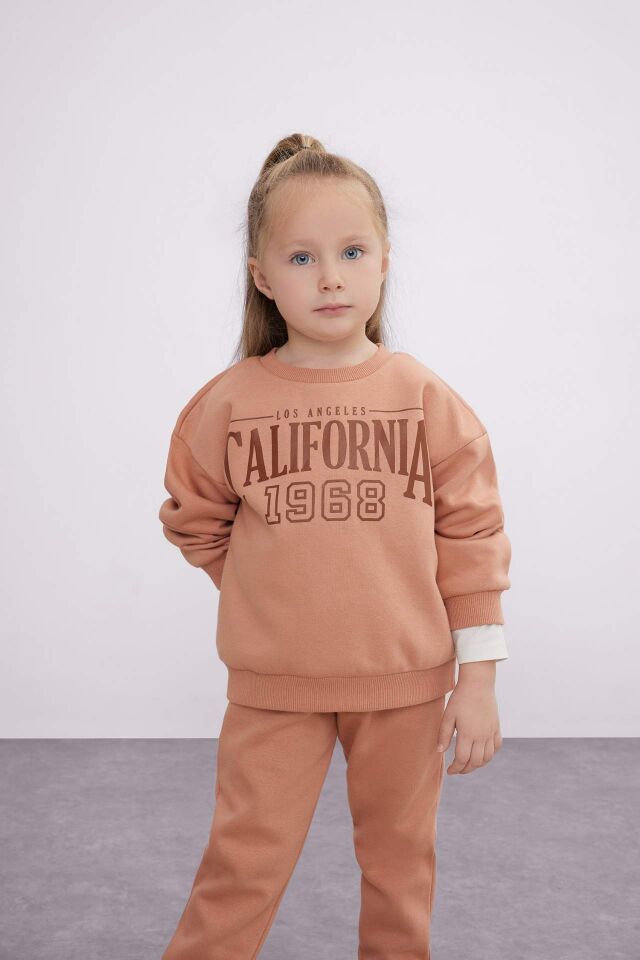 Kız Bebek 2'li Takım Baskılı Bisiklet Yaka Sweatshirt Üst Beli Lastikli Eşofman Altı