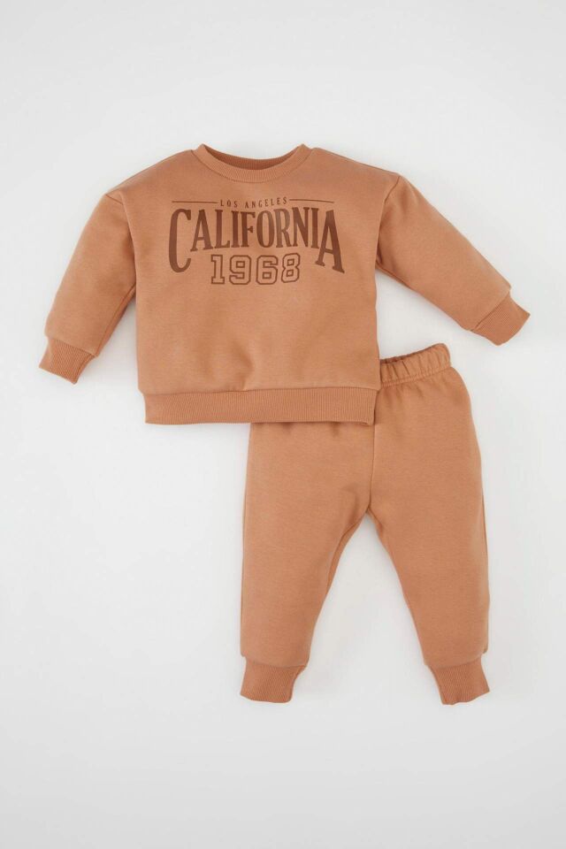 Kız Bebek 2'li Takım Baskılı Bisiklet Yaka Sweatshirt Üst Beli Lastikli Eşofman Altı