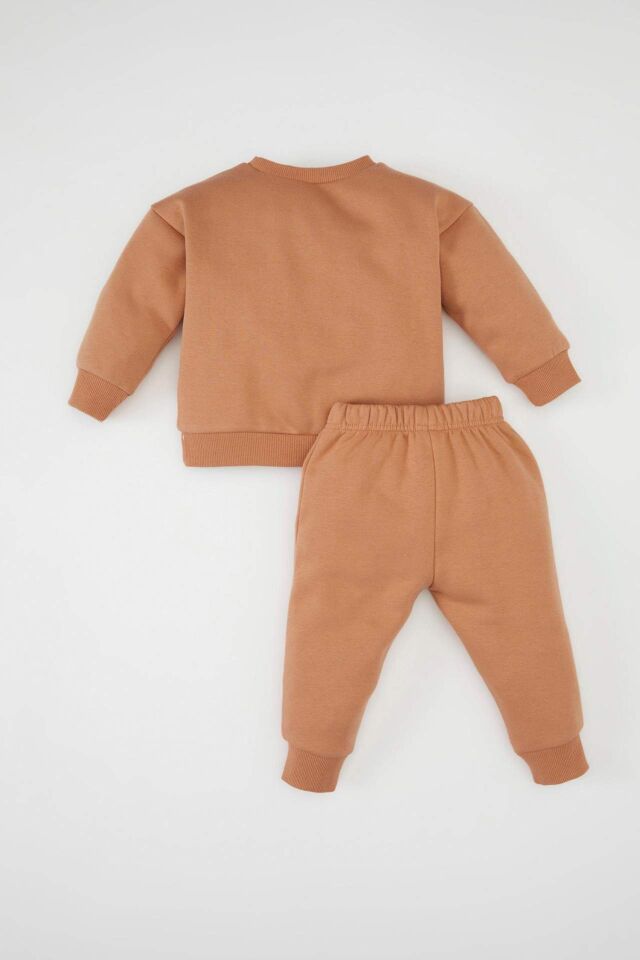 Kız Bebek 2'li Takım Baskılı Bisiklet Yaka Sweatshirt Üst Beli Lastikli Eşofman Altı