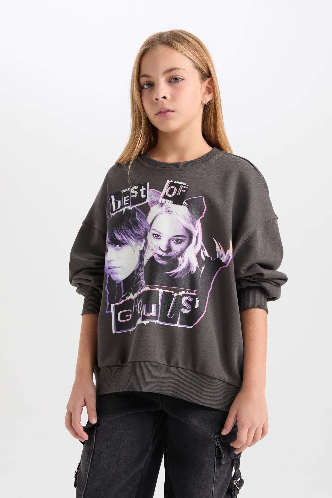 Kız Çocuk Wednesday Oversize Geniş Kalıp Bisiklet Yaka Sweatshirt