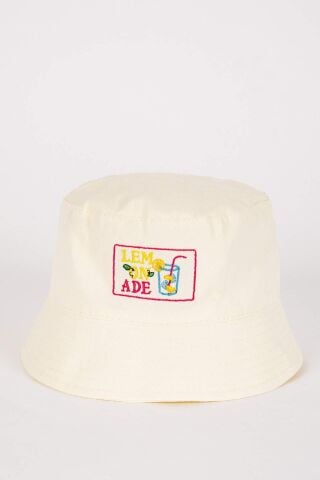 Kız Çocuk Etiket Baskılı Gabardin Bucket Şapka